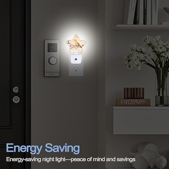 Bird Vintage Nightlight,Pink Cherry Blossoms Star Night Lights Plug into Wall Decorations for Bedroom Bathroom,Dusk to Dawn Sensor Kitchen Hallway Stairs Energy Efficient Desk Lamp
