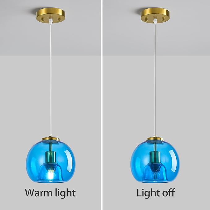 Blue Glass Pendant Lights Kitchen Island Gold Hanging Light Fixture Glass Globe Pendant Light Modern Pendant Lighting for Kitchen Island Bedroom Dining Room (7.87", 3 Pack)