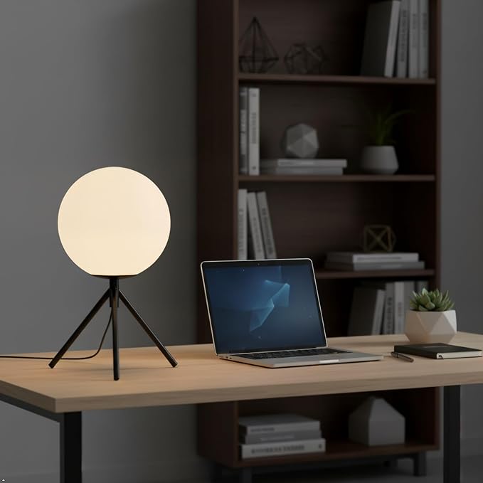 Modern Globe Table Lamp Milk White Glass Table Lamp Small Bedside Lamp Nightstand Lamp with Black Tripod Base Minimalist Ball Reading Desk Lamp for Bedrooom Living Room Office Study Room