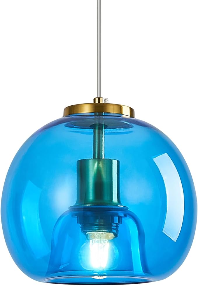 Blue Glass Pendant Lights Kitchen Island Gold Hanging Light Fixture Glass Globe Pendant Light Modern Pendant Lighting for Kitchen Island Bedroom Dining Room (7.87", 1 Pack)