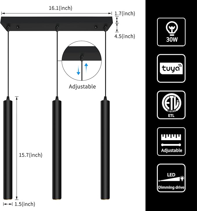 OKELI Modern Smart 3-Light Pendant Light Fixtures Square Pendant Lights Kitchen Island LED Minimalist Pendant Lighting Fixture for Kitchen,Dinning Room,Bedroom,Hallway,Bar
