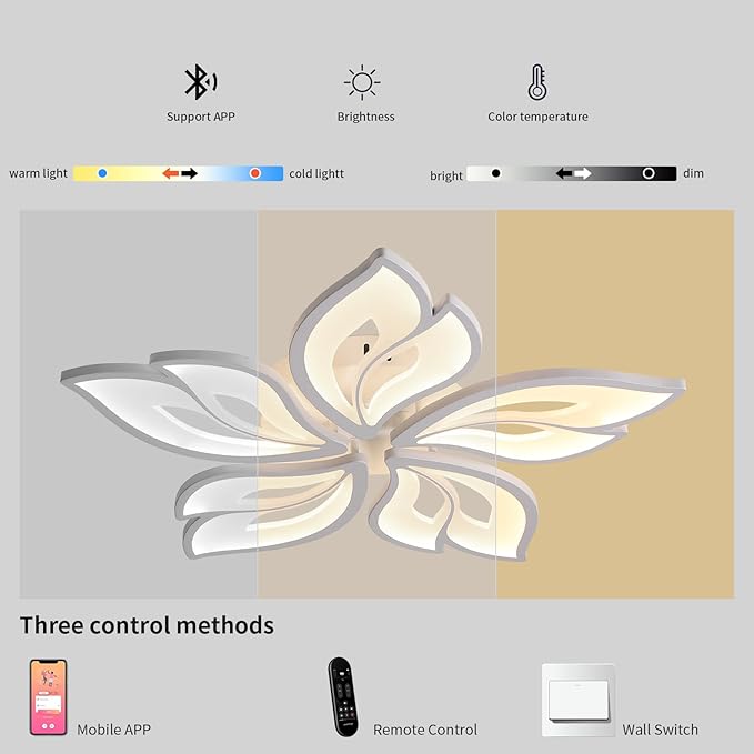 JAYMP 25.6" Flower Shaped Ceiling Light Dimmable Modern Ceiling Lamp Remote Control LED Lighting Fixture for Bedroom Dining Room Kitchen (White/5 Petals)