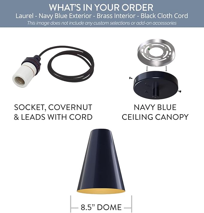 Steel Lighting Co. Laurel Pendant Light | Ceiling Mounted | 8.5 inch Cone Shade | Modern Contemporary Farmhouse Style Made in America | Black Cloth Cord | Navy Blue Exterior/Brass Interior