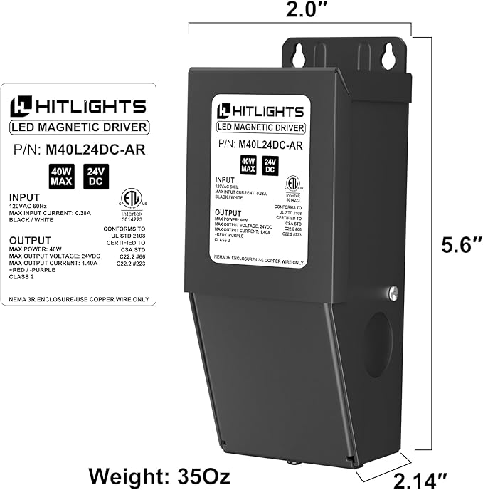 HitLights 40W Dimmable Driver, Magnetic LED Driver, 120VAC to 24VDC Transformer, Lutron and Leviton Compatible for LED Strip Lights, Constant Voltage LED, USA Made