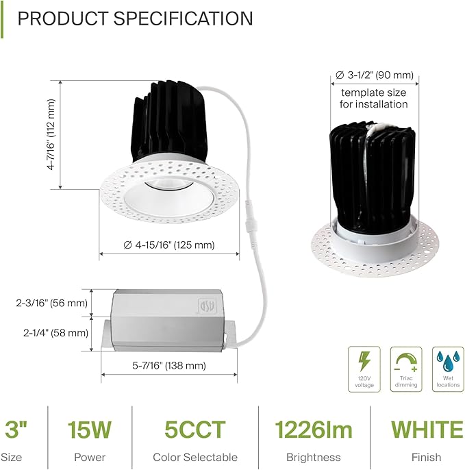 ASD Trimless 3 Inch LED Recessed Light, 15W 120V Triac Round Commercial Downlight, Canless Dimmable Lights for Ceiling with J-Box, 5 CCT 2700K-5000K, CRI 90+, IC Rated, ETL, White