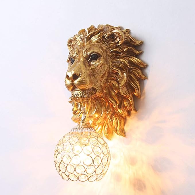 Vintage Wall Sconces Set of Two, Gold Lion Sconces Wall Decor Set of 2, Decorative Resin Animal Wall Light with Crystal Beaded Shade, Luxury Wall Lamp for Living Rooom Bedroom Hallway Stairway