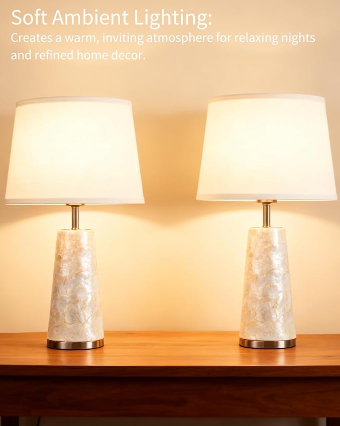 Coastal Table Lamps for Bedroom Nightstand Set of 2, Touch Control Ocean Beach Nautical Seashell Lamp, Modern Sea Shell Bedside Night Stands Light for Beachy Cottage Farmhouse Decor (Silver)
