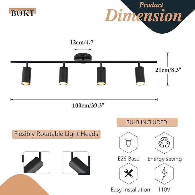 BOKT Matte Black Track Ceiling Light Modern 4-Lights LED Track Lighting Kit Farmhouse 4 Ways Flush Mount Ceiling Spotlight Vintage Adjustable Track Lighting Fixture