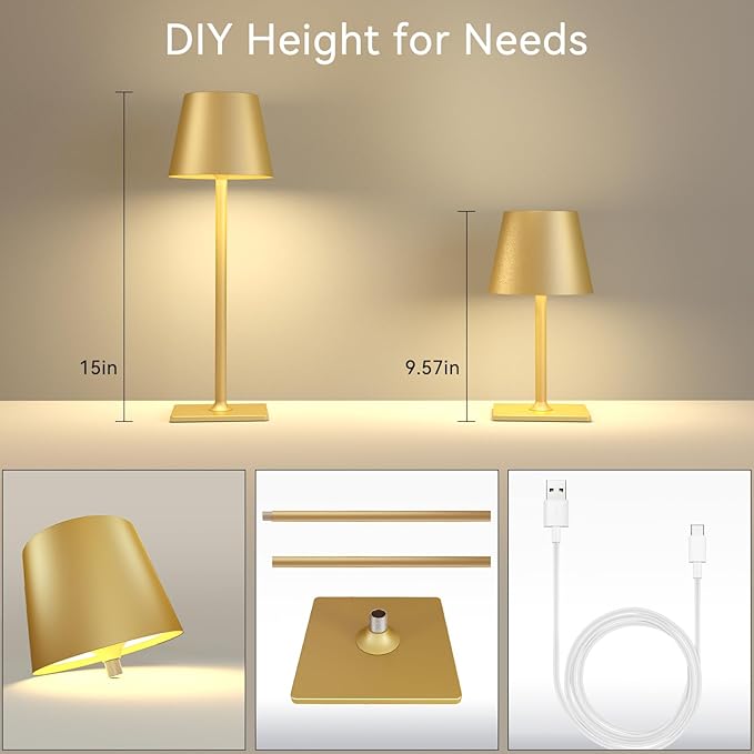 4 Pack Gold Rechargeable Led Cordless Table Lamps,Cordless Lamp with 6000mAh Battery Operated,Wireless Lamp for Restaurant Home Dinner Dining Kitchen Outdoor Patio,Waterproof & Portable