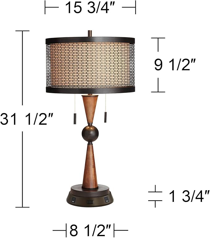 Franklin Iron Works Hunter Rustic Farmhouse Table Lamp with USB and AC Power Outlet Workstation Charging Base 28.75" Tall Bronze Cherry Wood Double Drum Shade for Living Room Bedroom House Bedside