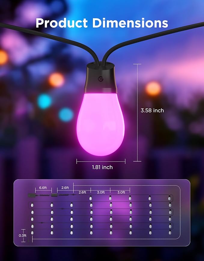 Govee S14 Bulb Outdoor String Lights 2, 144ft Smart RGBIC Warm White Patio Lights with 15 LED Bulbs, 111 Scene Modes for Outdoor Decor, Upgraded IP66 Compatible with Alexa, Google, Matter, APP Control