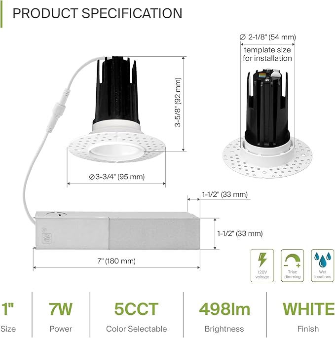 ASD Trimless 1 Inch Recessed LED Lights, 7W 120V Triac Round Commercial Downlight, Canless Dimmable Lighting for Ceiling with J-Box, 5 CCT 2700K-5000K, CRI 90+, IC Rated, ETL, White