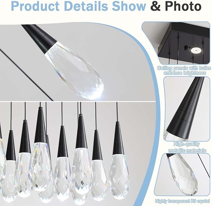 10-Lights Modern Rectangular Chandelier LED Black Rectangular Pendant Light Fixture Raindrop Chandelier for Dinning Room Staircase Living Room Foyer