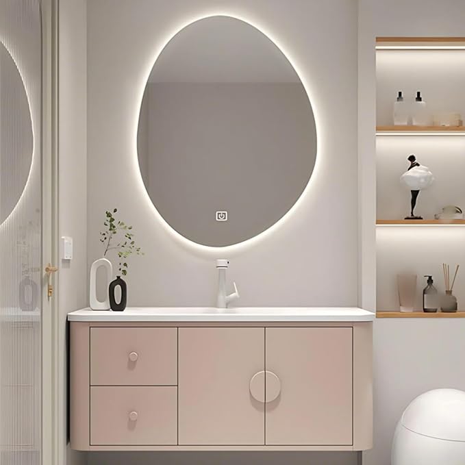 52IN Pink Modern Bathroom Vanity - Bathroom Vanities Set with 2 Drawers Wall Mounted | Rounded Corner Smart Defogging Mirror Cabinet with Lighting & Time Display, Side Opening Storage Shelf (Style B)