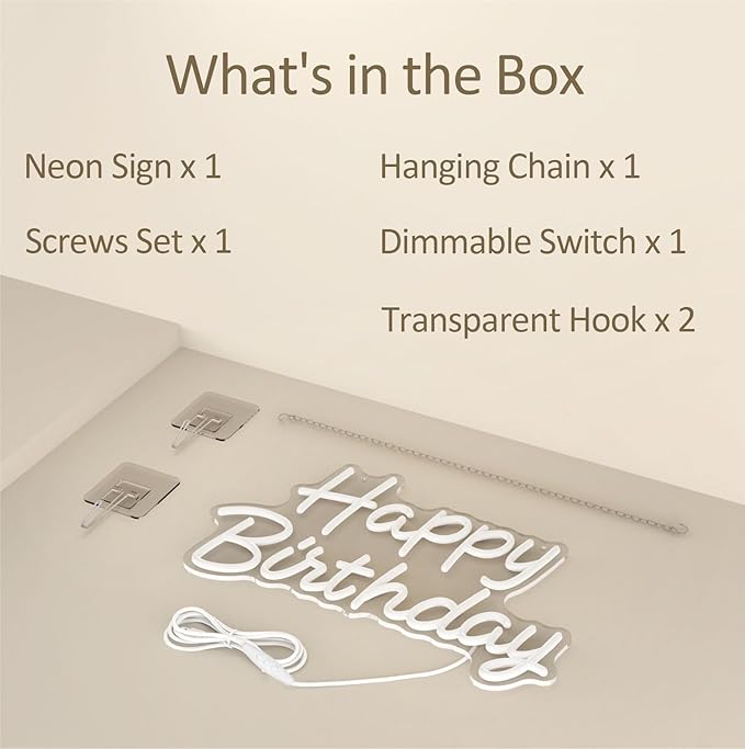 Happy Birthday Neon Sign with Dimmable, Birthday LED Neon Light for Wall Decor, LED Up Light with USB Powered for All Birthday Party Decoration, Backdrop Wall (Warm White)