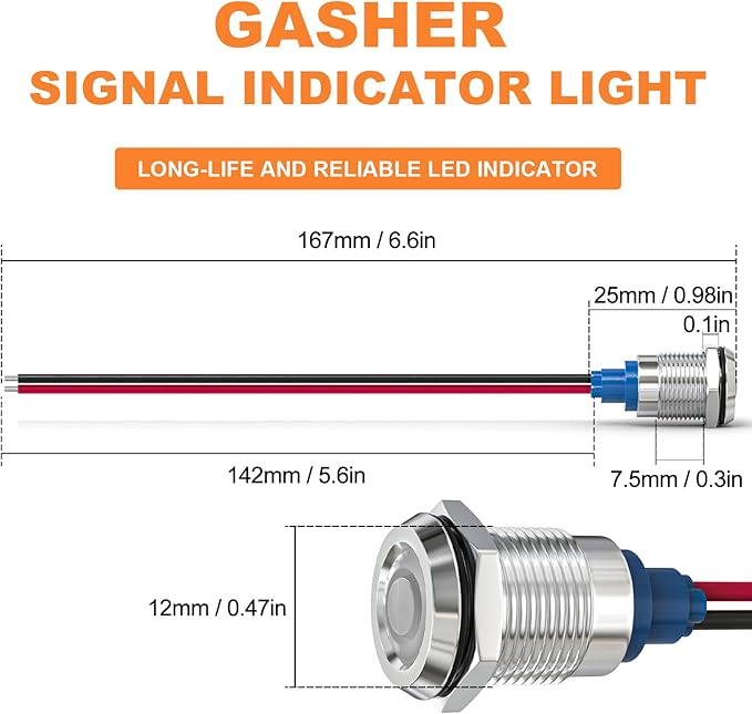 GASHER 5 PCS Energy Saving Indicator Light, LED Light 12V/24V/110V 20mA Panel Mount Light, Mounting Hole Size 12mm(1/2 inch) White LED (12V)