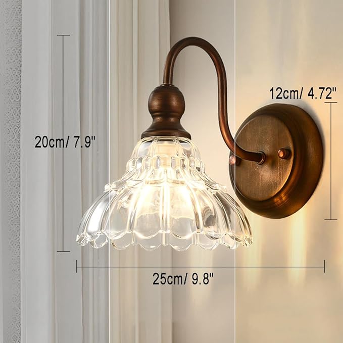 Bronze Wall Sconce Vintage Wall Light Fixtures for Living Room 1-Light Bathroom Vanity Light Hradwired Modern Wall Lamps with Clear Glass Flower Shade for Bedroom Hallway Bathroom