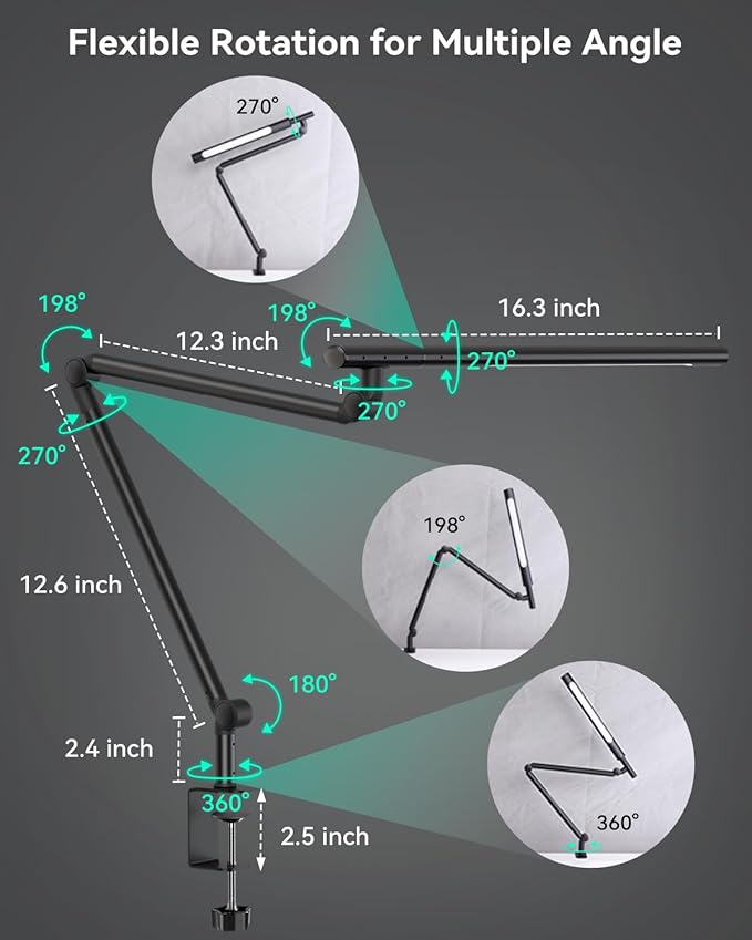 LED Desk Lamp with Clamp, 18W Architect Desk Lamp with Dual Light, Flexible 3 Sections Swing Arm, with RGB Light, with Remote, with Sensor Switch, Stepless Dimming, 4 Color Mode & 5 Brightness