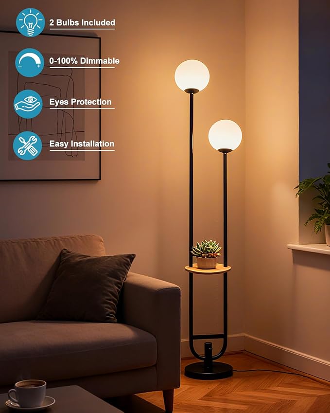 63IN Black Floor Lamp, Modern Mid Century Globe Standing Lamps with 3000K LED Bulbs Candle Holder Style Unique Vintage Tall Floor Lamp for Living Room/Wedding