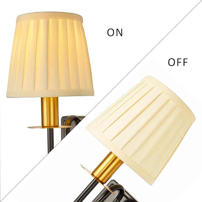 Plug in Dimmable Wall Lamp,Plug-in or Hardwired Installation Wall Sconce with Beige Pleated Fabric Shade for Wall Painting,Modern Living Room, Bedroom, Hallway,Led Bulbs Included-(Black)