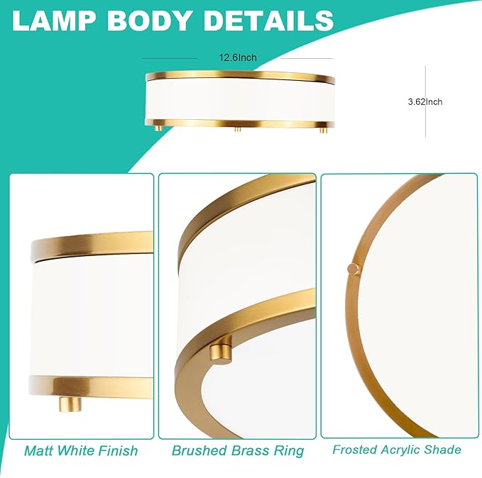 12.5 Inch LED Flush Mount Ceiling Light Fixture, 26W, Modern Ceiling Light, 3 Color Adjustable 3000K/4000K/5000K, Dimmable Ceiling Lamp for Bedroom Hallway Bathroom Kitchen (White Gold)