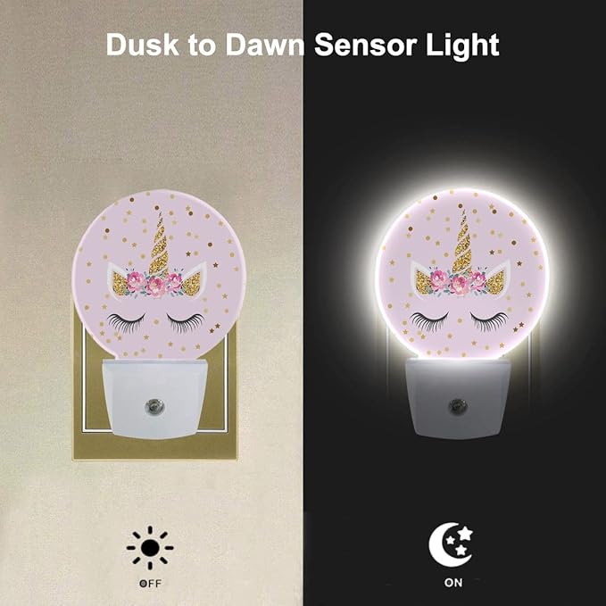 EKOBLA Unicorn Pink Night Light Gold Golden Polk Dots Stars Night Lights Plug into Wall with Dusk to Dawn Sensor Round LED Lamp for Teen Girls Fun Novelty Gift