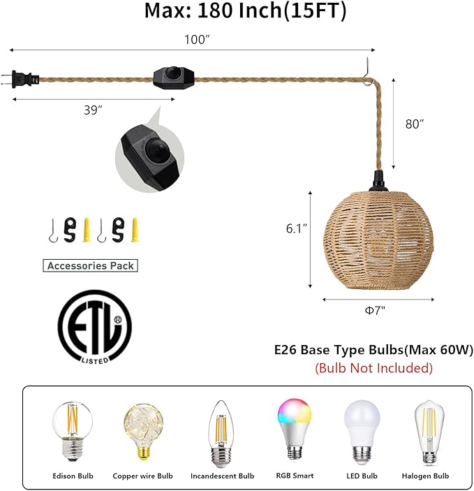 15ft Plug in Pendant Light with Cord Dimmable Switch Rattan Hanging Lamp with Hand Woven Wicker Plug in Chandelier Boho Hanging Lights Fixture for Bedroom Kitchen Hallway Foyer