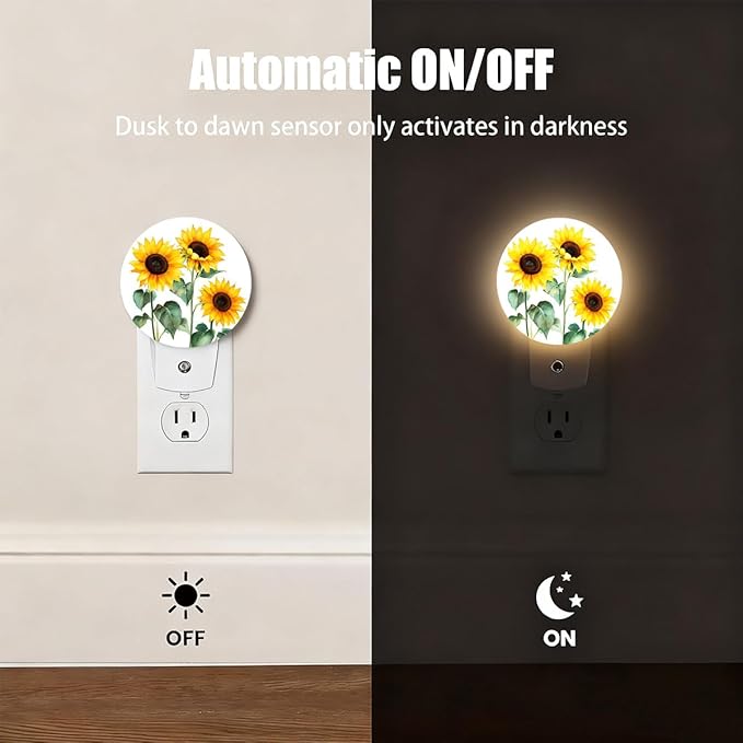 Plug-in Watercolor Sunflower Bouquet Night Light Yellow Blooms Floral Night Lights Plug into Wall with Auto on/Off Sensor, 0.5W LED Nightlight for Bedroom Bathroom Kitchen Hallway