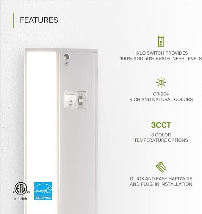 ASD 32 Inch LED Under Cabinet Lighting Plug in or Hardwired, High/Low/Off Switch, 16W 120V 3 CCT 2700K/3000K/4000K CRI90+, Triac Dimmable Linkable Under Counter Lights for Kitchen, ETL Listed, White