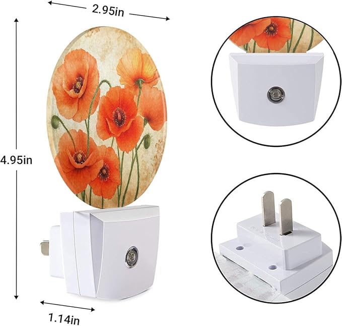 EKOBLA Floral Night Lights Plug into Wall Vintage Poppy Flower Red Orange Night Light LED Round Lamp for Boys Girls, Dusk to Dawn Sensor Nightlight for Stairway Hallway Kitchen