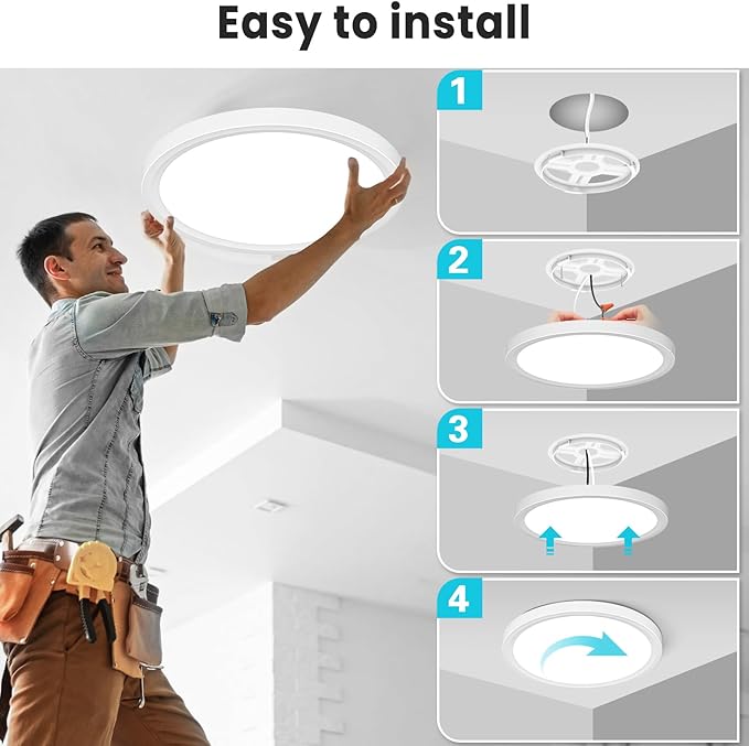 libtit 16Inch Flush Mount LED Ceiling Light Fixture, 3000K 4000K 6500K Adjustable, 36W 3600lm White Satin Round Ceiling Lamp for Bathroom Shower Hallway Kitchen, 2 Pack