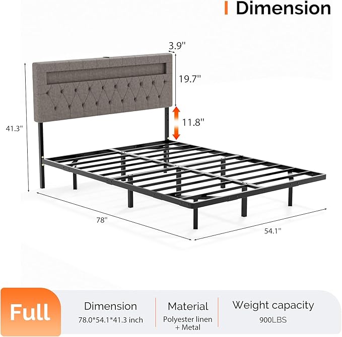 VINGLI Full Size Floating Bed Frame with Charging Station,Modern Metal Full Bed with led Lights,Easy Assembly,No Box Spring Needed,Adjustable Headboard,Upholstered Bed Frame for Adults, Kids