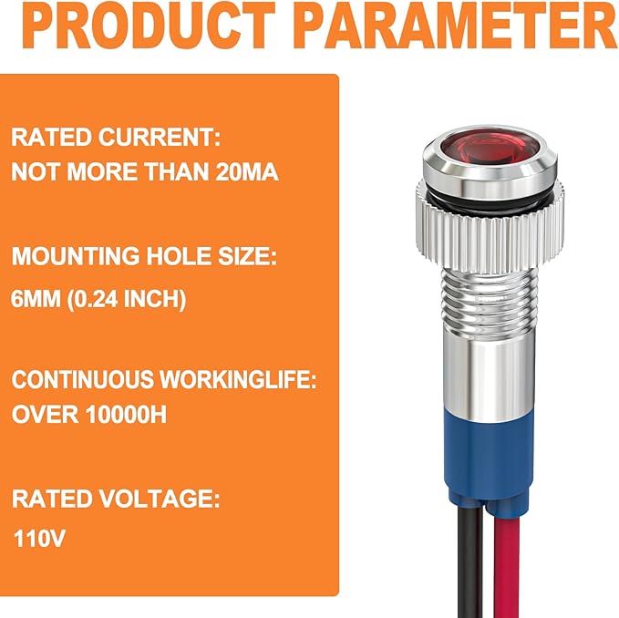 GASHER 5 PCS Energy Saving Indicator Light, LED Light 12V/24V/110V 20mA Panel Mount Light, Mounting Hole Size 6mm Red LED (110V)
