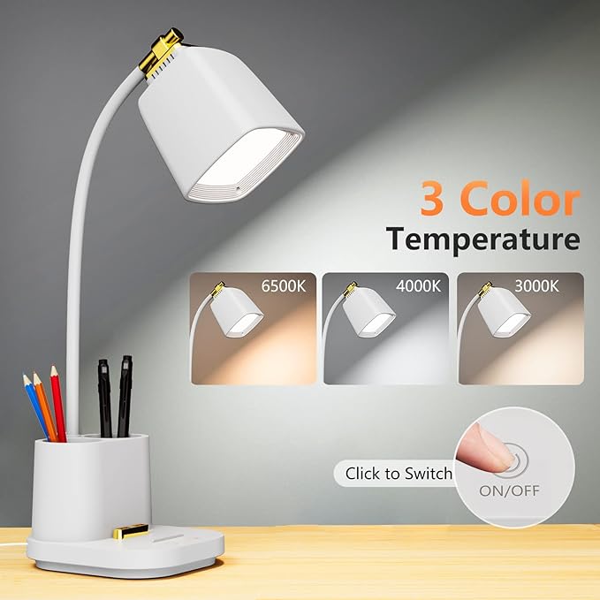 LED Desk Lamp with USB Charging Port Touch Control 3 Color Modes, Stepless Dimming,Eye-Caring LED Table Lamp for Home,Office,Bedroom,Reading,Work,Study,Gooseneck Lamp, 5V, 2.4A