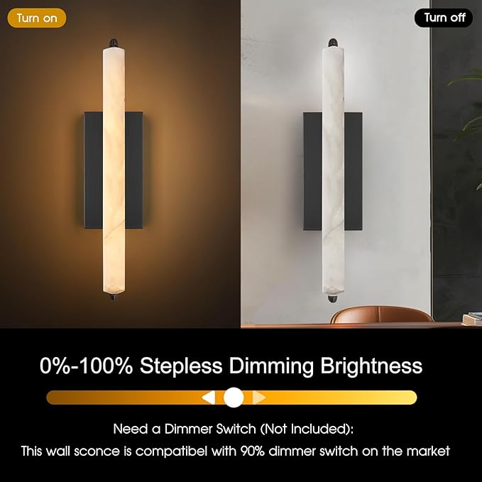 Alabaster Wall Sconce, 19" Natural Marble Wall Sconce, Black Alabaster Single Sconces, Bronze Modern Bathroom Sconces, Indoor Wall Lighting for Living Room, Bedroom, Hallway, Staircase