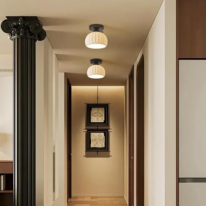 2 Pack White Ceramic Black Base Semi Flush Mount Ceiling Light Vintage Hallway Light Fixtures, Modern Small Flush Mount Ceiling Light Lamp for Hall Kitchen Entryway Passway Porch Foyer