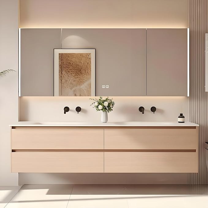 Double Bathroom Vanity with Sink - LED Light & Defogging Function Mirror | Wall Mounted Bathroom Cabinet with 4 Drawers, Integral Ceramic Wash Basin (52'')