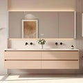 56'' Double Bathroom Vanity with Sink - LED Light & Defogging Function Mirror | Wall Mounted Bathroom Cabinet with 4 Drawers, Integral Ceramic Wash Basin