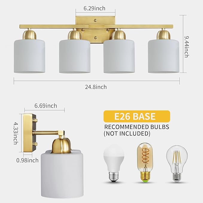 4 Light Gold Light Fixture Bathroom, Brushed Gold Vanity Light with Milky White Frosted Glass Shades, Lights for Bathroom Mirror for Living Room Bedroom Hallway E26 Base