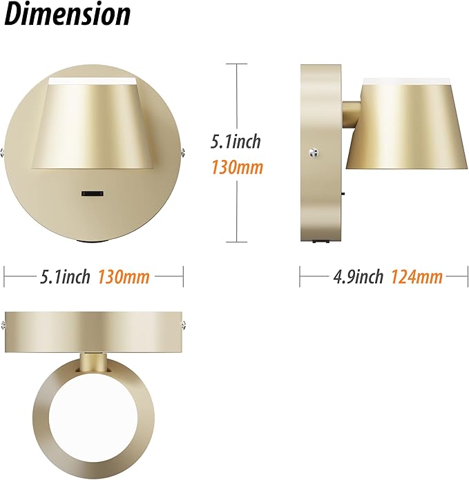 URSOLA Wall Light Set of Two, LED Wall Sconce with On/Off Switch USB Charging Port 110 Volt Hardwired Wall Lamp 350 Rotatable Up Down Sconces Wall Lighting (Champaign)