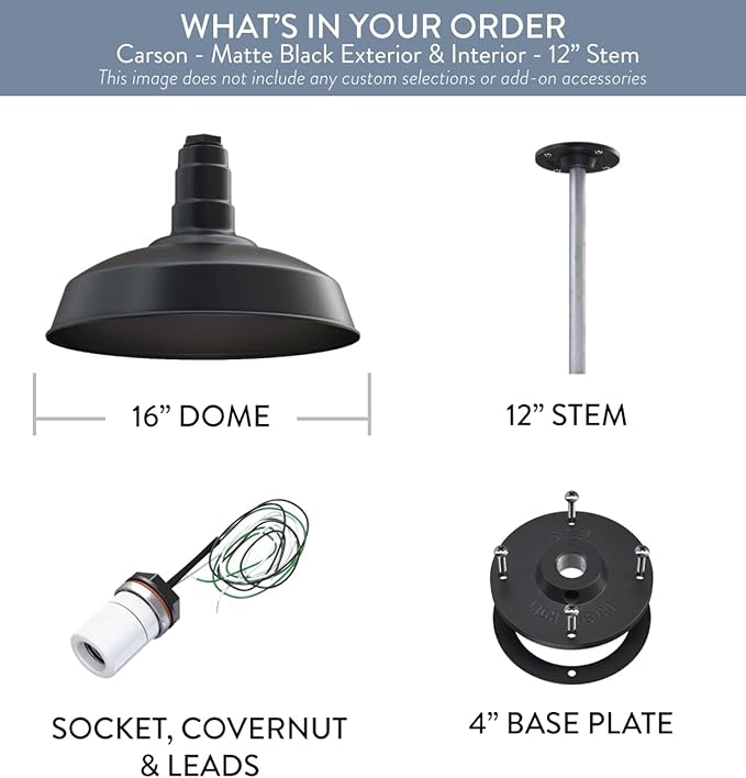 Steel Lighting Co. Carson Barn Light | Ceiling Mounted Pendant | 16 inch Dome | 12 inch Stem | Industrial Style Steel Light Made in America | Matte Black Exterior/Matte Black Interior