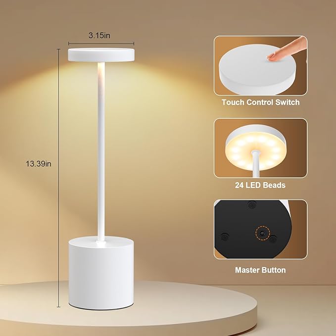 Cordless Table Lamp – 2 Pack Rechargeable Table Lamps, 5000mAh Battery Operated Lamp with 3-Color Dimmable Light, Outdoor Table Lamp for Bedroom, Restaurant, Patio, Home Décor (White)