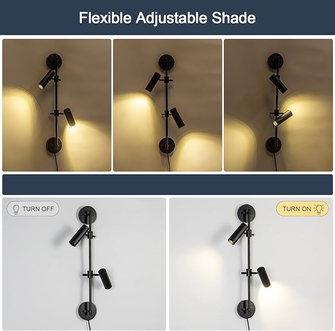 Plug in Wall Sconces, Black 2 Lights Rotatable Wall Lamp with Switch Cord Wall Mounting Lighting Fixtures for Bedroom Living Room (Bulb Included)