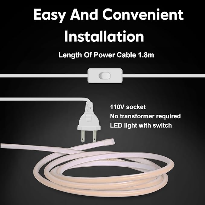 Waterproof LED Strip Lights 16.4 ft IP67 Cuttable Rope Lights 5M AC 110V 120V Light Stip 320LEDs 3000K Super Bright Warm White with US Plug for Bedroom Kitchen Under Cabinet Closet Mirror