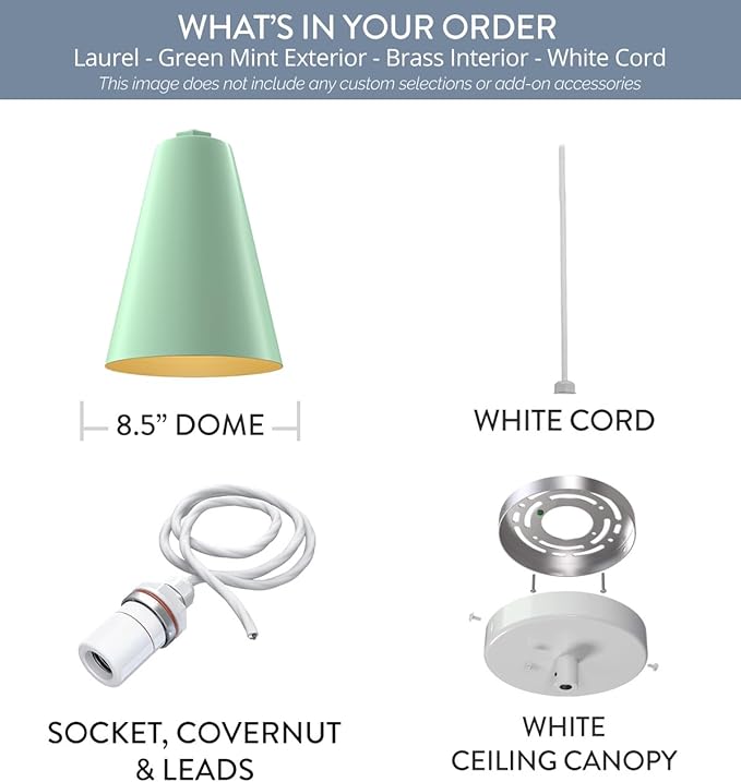 Steel Lighting Co. Laurel Pendant Light | Ceiling Mounted | 8.5 inch Cone Shade | Modern Contemporary Farmhouse Style Made in America | White Cord | Mint Green Exterior/Brass Interior