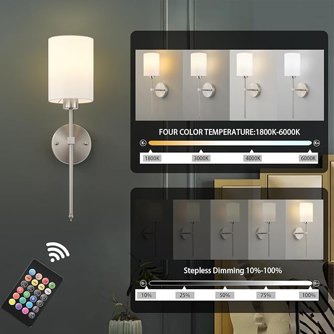 Battery Operated Wall Sconces Set of Two,Wireless Rechargeable Wall Light With Remote Control, Dimmable, Amber Light/Warm White/Natural White/Daylight/RGB,Timer,for Living Room,Bedroom,Entryway,Nickel