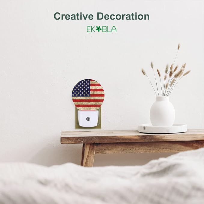 EKOBLA USA Flag Patriotic Night Light Vintage American Flag Plug-in Nightlights Home Auto Sensor LED Dusk to Dawn Light for Bedroom Bathroom Kitchen Corridor