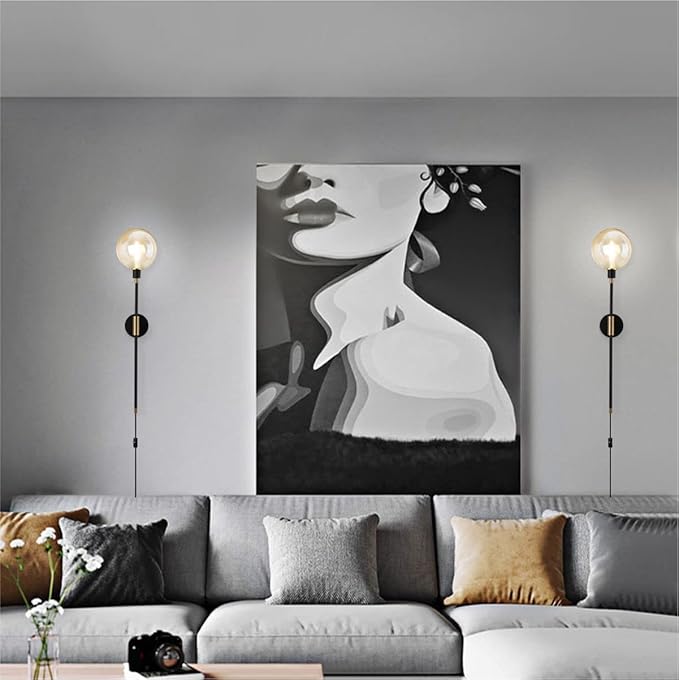 KCO 1-Light Plug in Wall Sconces On/Off Switch Cord Black Modern Wall Mounted Light Fixture with Long Arm Glass Globe Shade Wall Lamp for Bedroom Living Room Kitchen Hallway (Amber & 2-Pack)