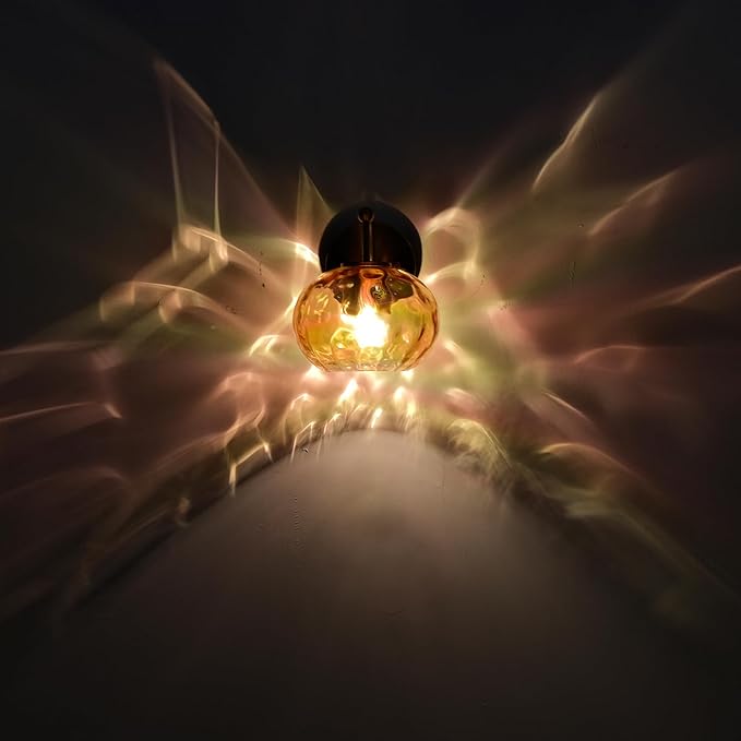 Modern Iridescent Glass Wall Sconce Gold Brass Wall Light Set of 2 Hammered Amber Glass Vanity Light for Bedroom Hallway Living Room Stairwell Bathroom Over Mirror
