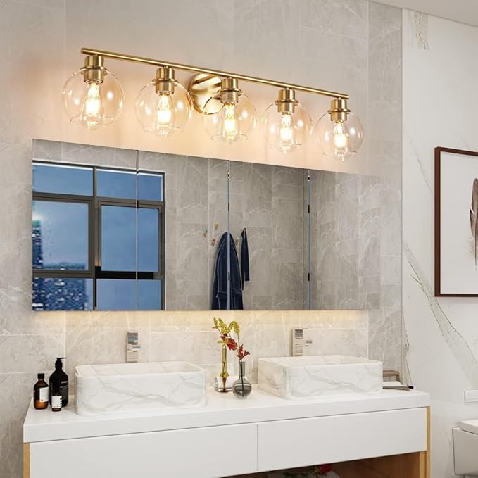 Bathroom Light Fixtures Over Mirror 5-Lights Bathroom Vanity Light with Clear Glass Shade 37.5 inch Modern Wall Sconce Gold Vanity Lighting for Bath
